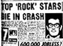 Newspaper headline announcing the deaths of Buddy Holly, Ritchie Valens, The Big Bopper and their pilot