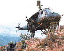 A helicopter lands in Vietnam